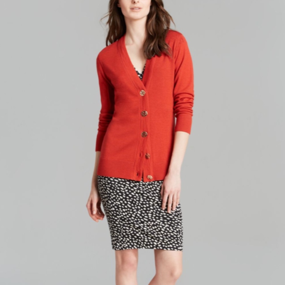 Tory Burch Red V-Neck Cardigan Gold Buttons